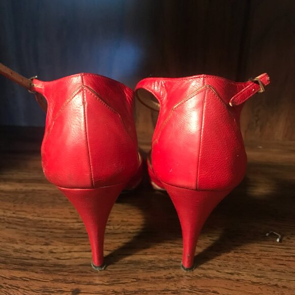Vintage Red 3 inch Leather Pumps Heels, Gold Accents and Trim, Ankle Strap - Picture 5 of 10